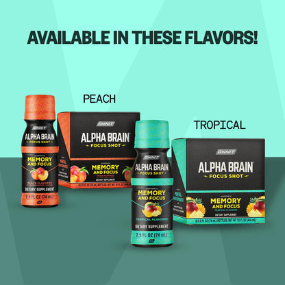 ONNIT Alpha Brain Focus Shot, Peach Flavor, Nootropic Dietary Supplement Drink That Supports Energy, Focus, and Mood, IGEN™ Non-GMO Tested, 2.5 fl oz, 6 Count - Maple Wellness Supplements