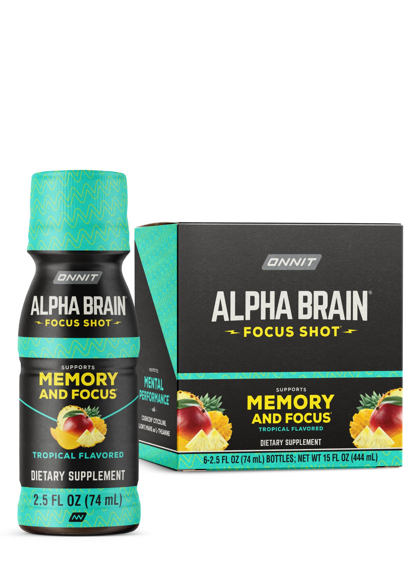 ONNIT Alpha Brain Focus Shot, Tropical Flavor, Nootropic Dietary Supplement Drink That Supports Energy, Focus, and Mood, IGEN™ Non-GMO Tested, 2.5 fl oz, 6 Count - Maple Wellness Supplements