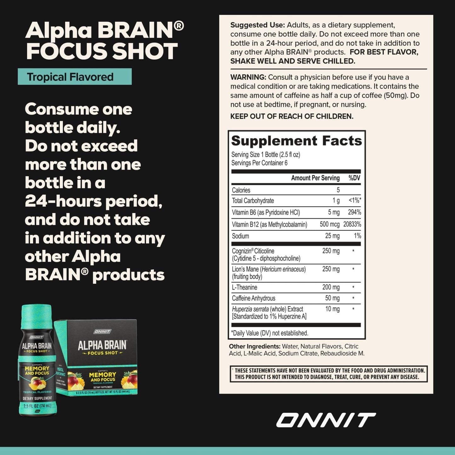 ONNIT Alpha Brain Focus Shot, Tropical Flavor, Nootropic Dietary Supplement Drink That Supports Energy, Focus, and Mood, IGEN™ Non-GMO Tested, 2.5 fl oz, 6 Count - Maple Wellness Supplements