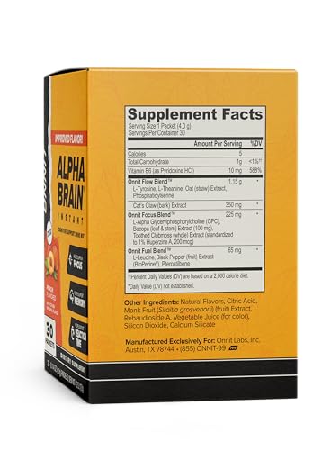 ONNIT Alpha Brain Instant Cognitive Support Drink Mix, Nootropic Supplement for Focus, Memory and Clarity, Peach Flavor, 0.13 oz Packets, 30 Count - Maple Wellness Supplements