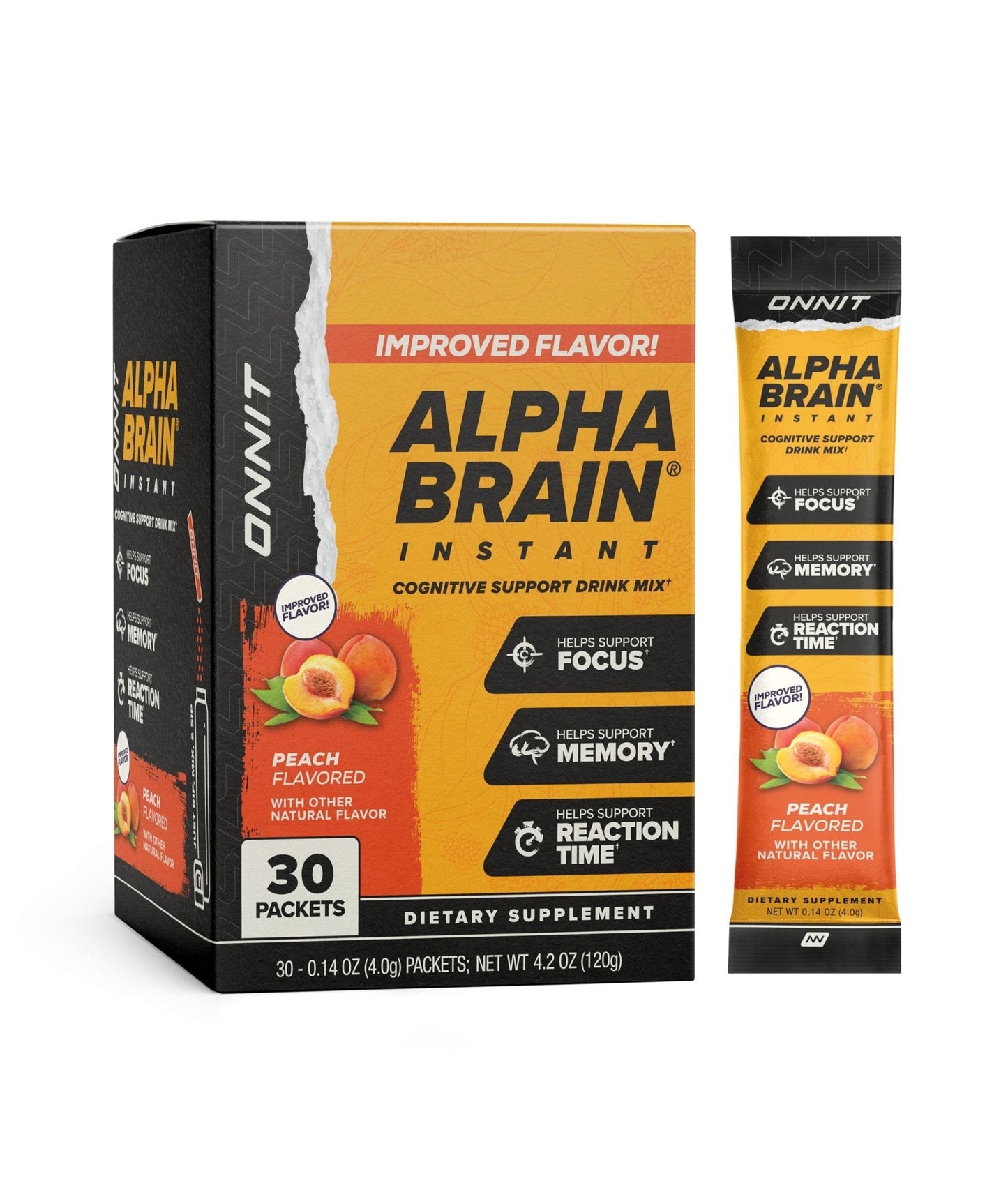 ONNIT Alpha Brain Instant Cognitive Support Drink Mix, Nootropic Supplement for Focus, Memory and Clarity, Peach Flavor, 0.13 oz Packets, 30 Count - Maple Wellness Supplements
