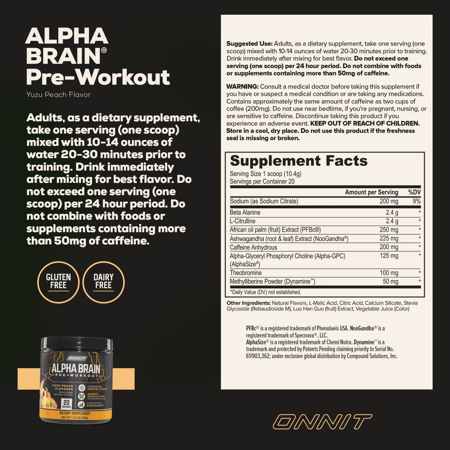 ONNIT Alpha Brain Pre-Workout - Yuzu Peach (20 Serving Tub) - Maple Wellness Supplements