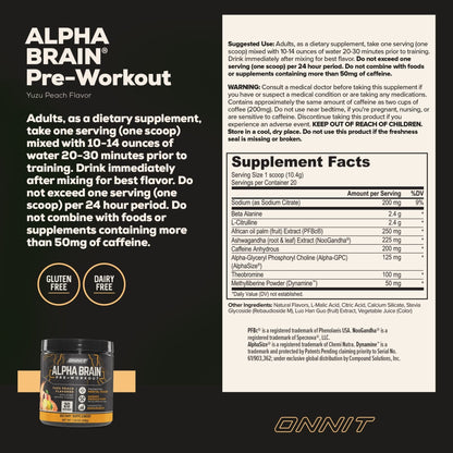 ONNIT Alpha Brain Pre-Workout - Yuzu Peach (20 Serving Tub) - Maple Wellness Supplements