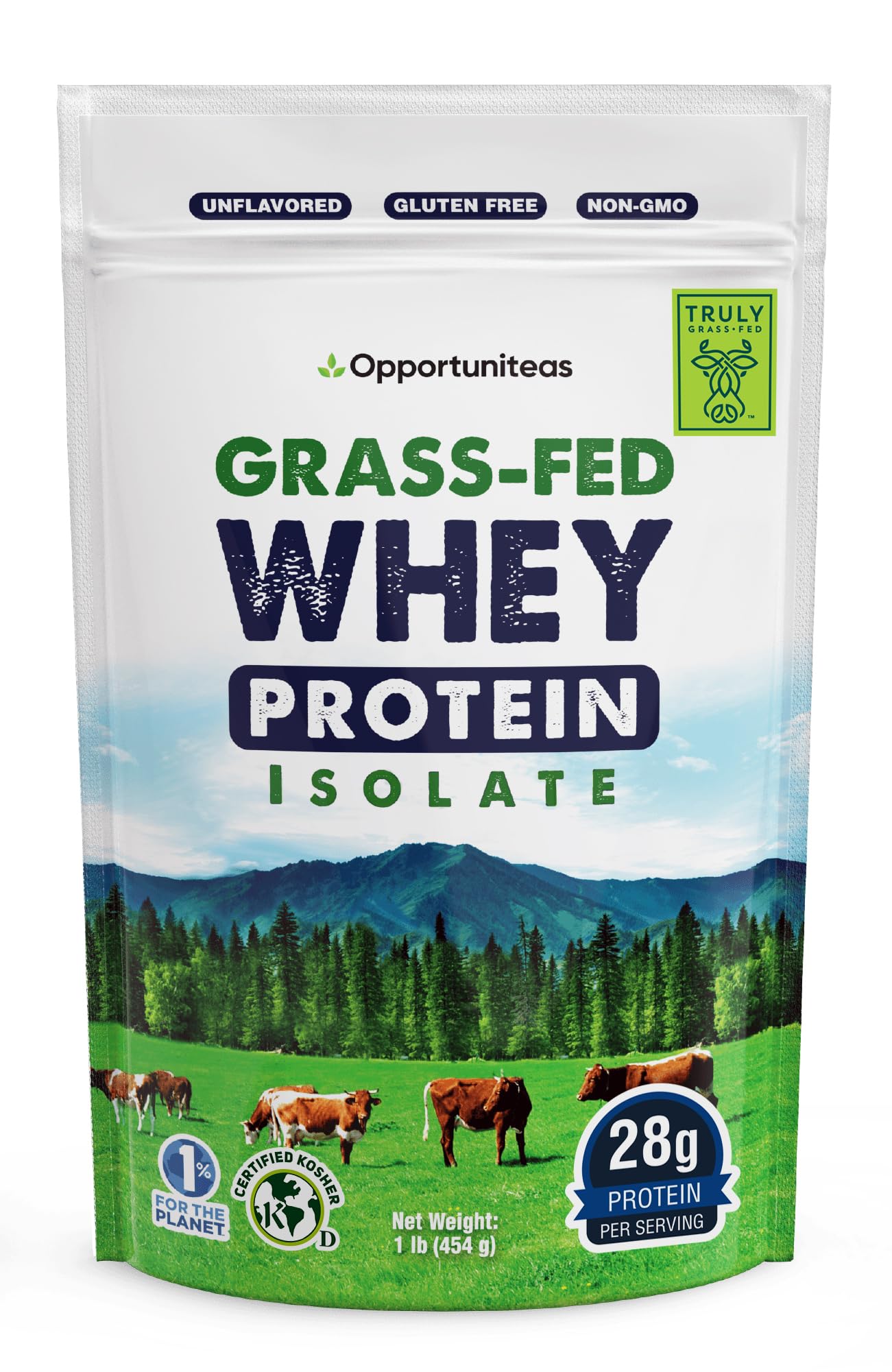 Opportuniteas Grass Fed Whey Isolate Protein Powder – Unflavored, Heavy-Metal Tested, 28g Protein, Sourced from Ireland, Hormone-Free, Non-GMO, Packaged in USA – 1lb - Maple Wellness Supplements