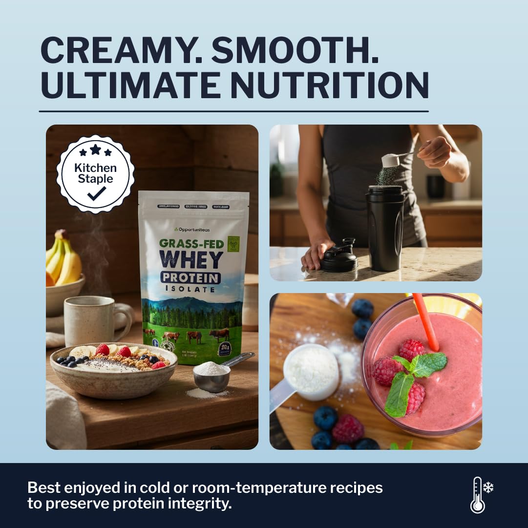 Opportuniteas Grass Fed Whey Isolate Protein Powder – Unflavored, Heavy-Metal Tested, 28g Protein, Sourced from Ireland, Hormone-Free, Non-GMO, Packaged in USA – 1lb - Maple Wellness Supplements