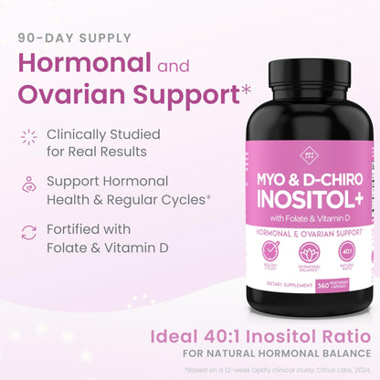 Optify Inositol Supplement for Women – 90-Day Supply – Myo-Inositol and D-Chiro Inositol with Folate and Vitamin D – 40:1 Ratio – Hormone Balance & Ovarian Support - 360 Capsules - Maple Wellness Supplements