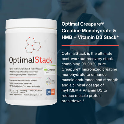 OptimalStack Creatine Monohydrate, HMB, & Vitamin D3 Stack | with Creapure Creatine, Clinical Dosage of myHMB, and Vitamin D3 | NSF for Sport Certified | Unflavored, 30 Servings - Maple Wellness Supplements