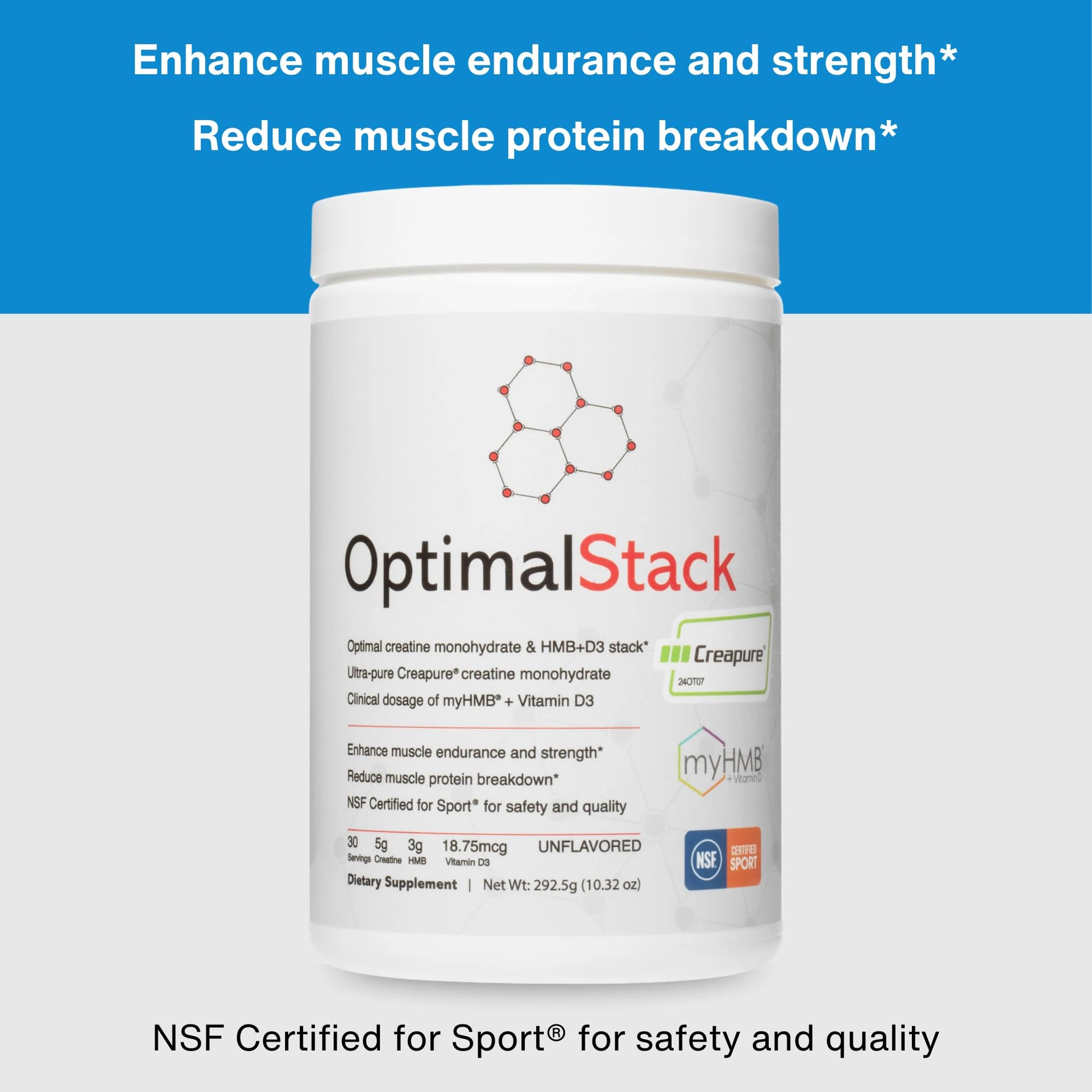 OptimalStack Creatine Monohydrate, HMB, & Vitamin D3 Stack | with Creapure Creatine, Clinical Dosage of myHMB, and Vitamin D3 | NSF for Sport Certified | Unflavored, 30 Servings - Maple Wellness Supplements