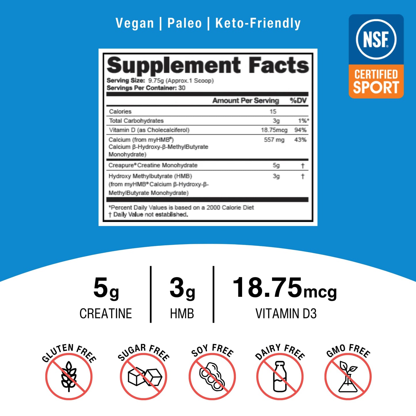 OptimalStack Creatine Monohydrate, HMB, & Vitamin D3 Stack | with Creapure Creatine, Clinical Dosage of myHMB, and Vitamin D3 | NSF for Sport Certified | Unflavored, 30 Servings - Maple Wellness Supplements