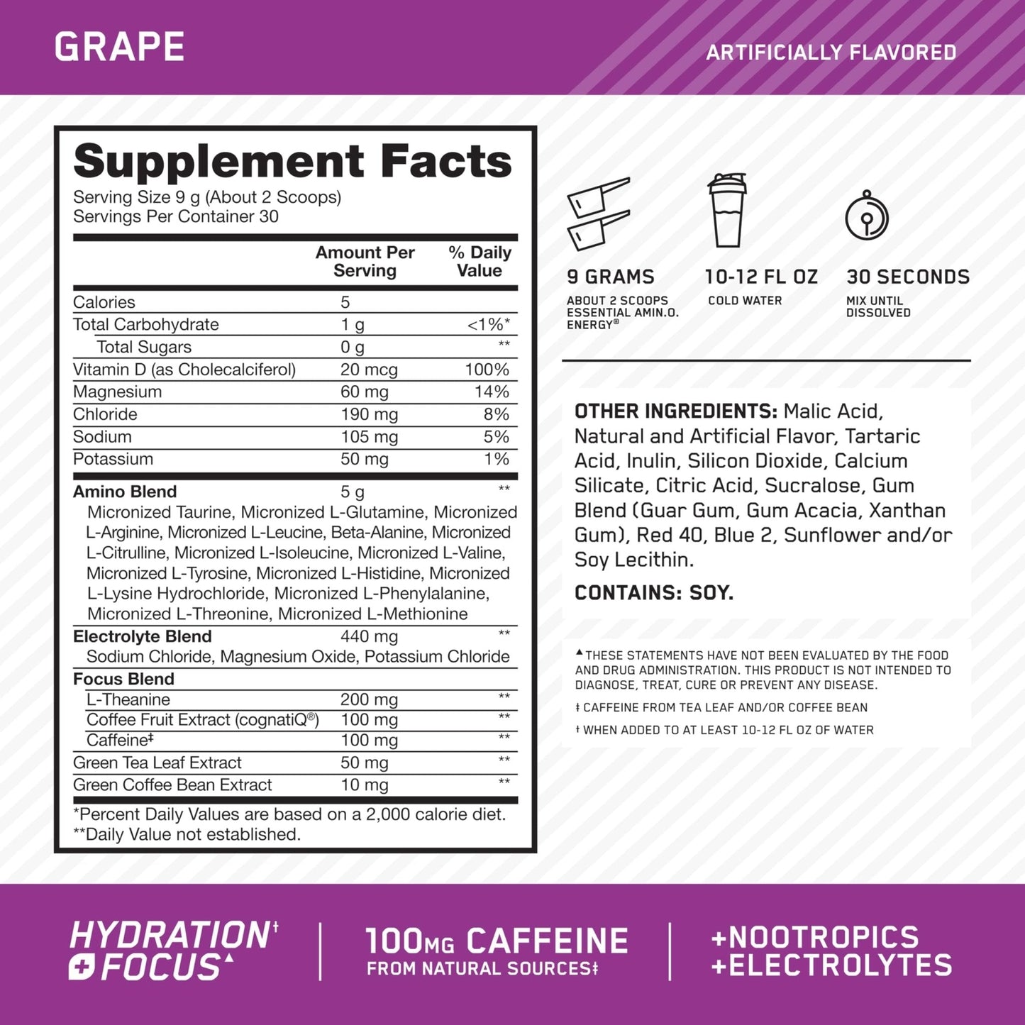 Optimum Nutrition Amino Energy Powder Plus Focus, with BCAA, Electrolytes, and Caffeine, Grape, 30 Servings (Packaging May Vary) - Maple Wellness Supplements
