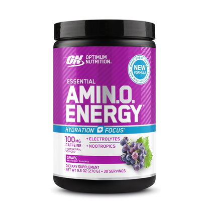 Optimum Nutrition Amino Energy Powder Plus Focus, with BCAA, Electrolytes, and Caffeine, Grape, 30 Servings (Packaging May Vary) - Maple Wellness Supplements