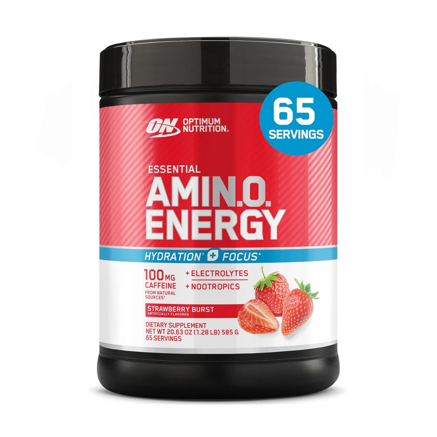 Optimum Nutrition Amino Energy Powder Plus Focus, with BCAA, Electrolytes, and Caffeine, Strawberry Burst, 65 Servings - Maple Wellness Supplements