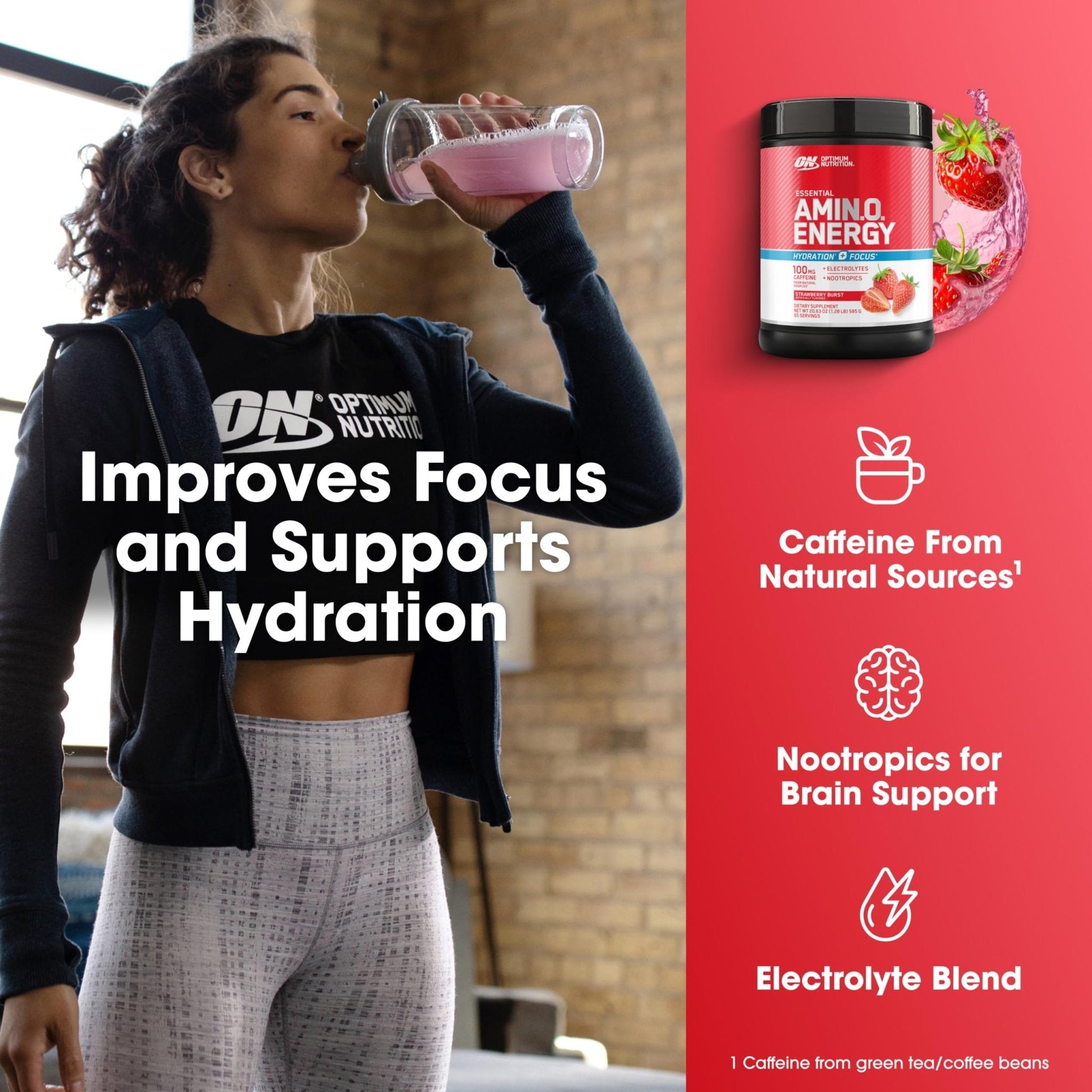 Optimum Nutrition Amino Energy Powder Plus Focus, with BCAA, Electrolytes, and Caffeine, Strawberry Burst, 65 Servings - Maple Wellness Supplements