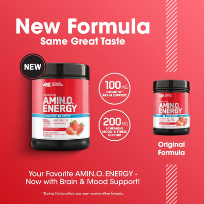Optimum Nutrition Amino Energy Powder Plus Focus, with BCAA, Electrolytes, and Caffeine, Strawberry Burst, 65 Servings - Maple Wellness Supplements