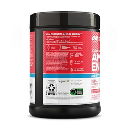 Optimum Nutrition Amino Energy Powder Plus Focus, with BCAA, Electrolytes, and Caffeine, Strawberry Burst, 65 Servings - Maple Wellness Supplements