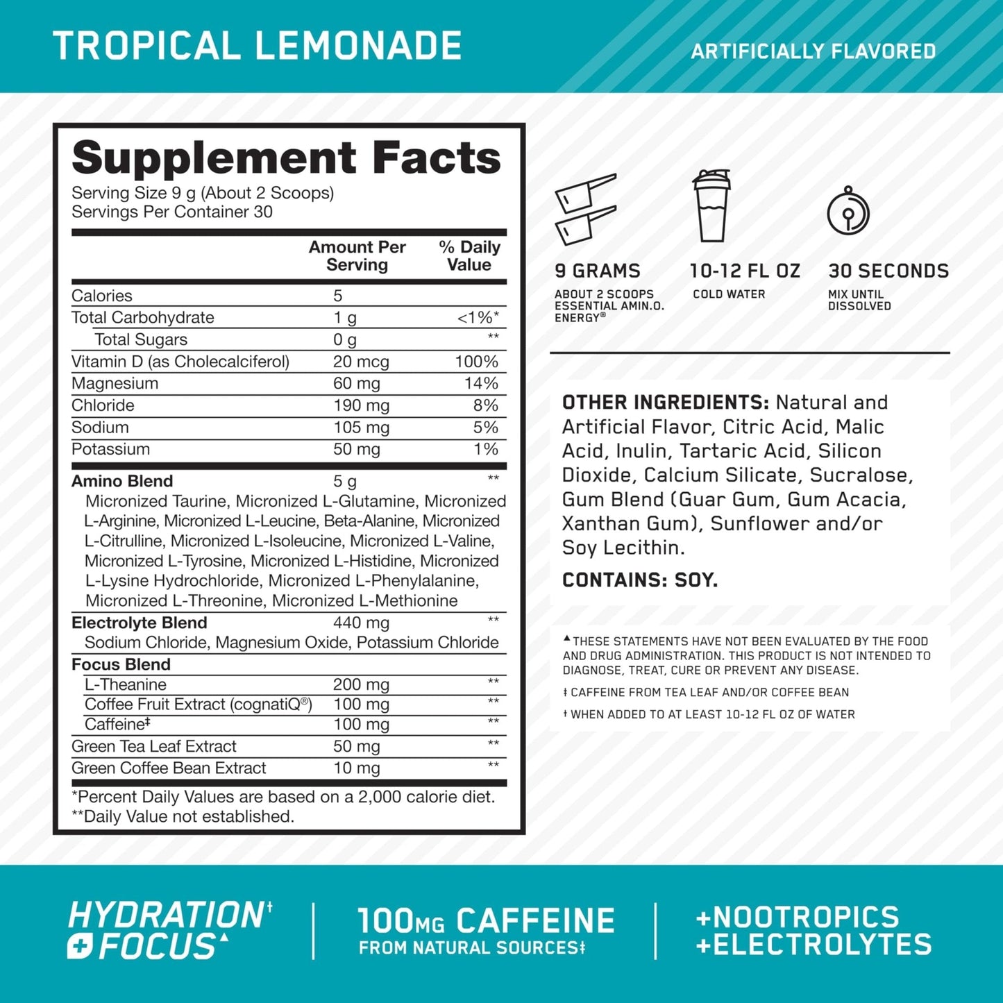 Optimum Nutrition Amino Energy Powder Plus Focus, with BCAA, Electrolytes, and Caffeine, Tropical Lemonade, 30 Servings (Packaging May Vary) - Maple Wellness Supplements