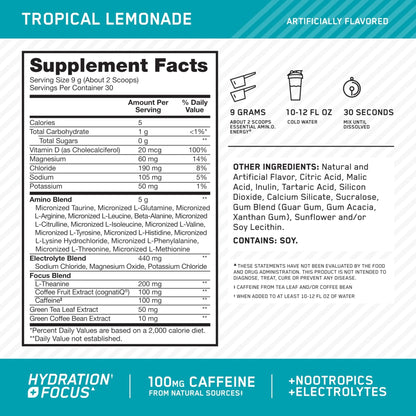 Optimum Nutrition Amino Energy Powder Plus Focus, with BCAA, Electrolytes, and Caffeine, Tropical Lemonade, 30 Servings (Packaging May Vary) - Maple Wellness Supplements