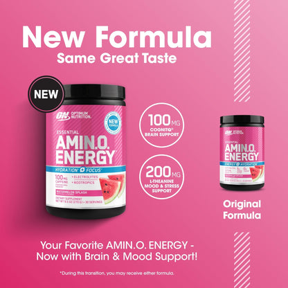 Optimum Nutrition Amino Energy Powder Plus Focus, with BCAA, Electrolytes, and Caffeine, Watermelon, 30 Servings (Packaging May Vary) - Maple Wellness Supplements