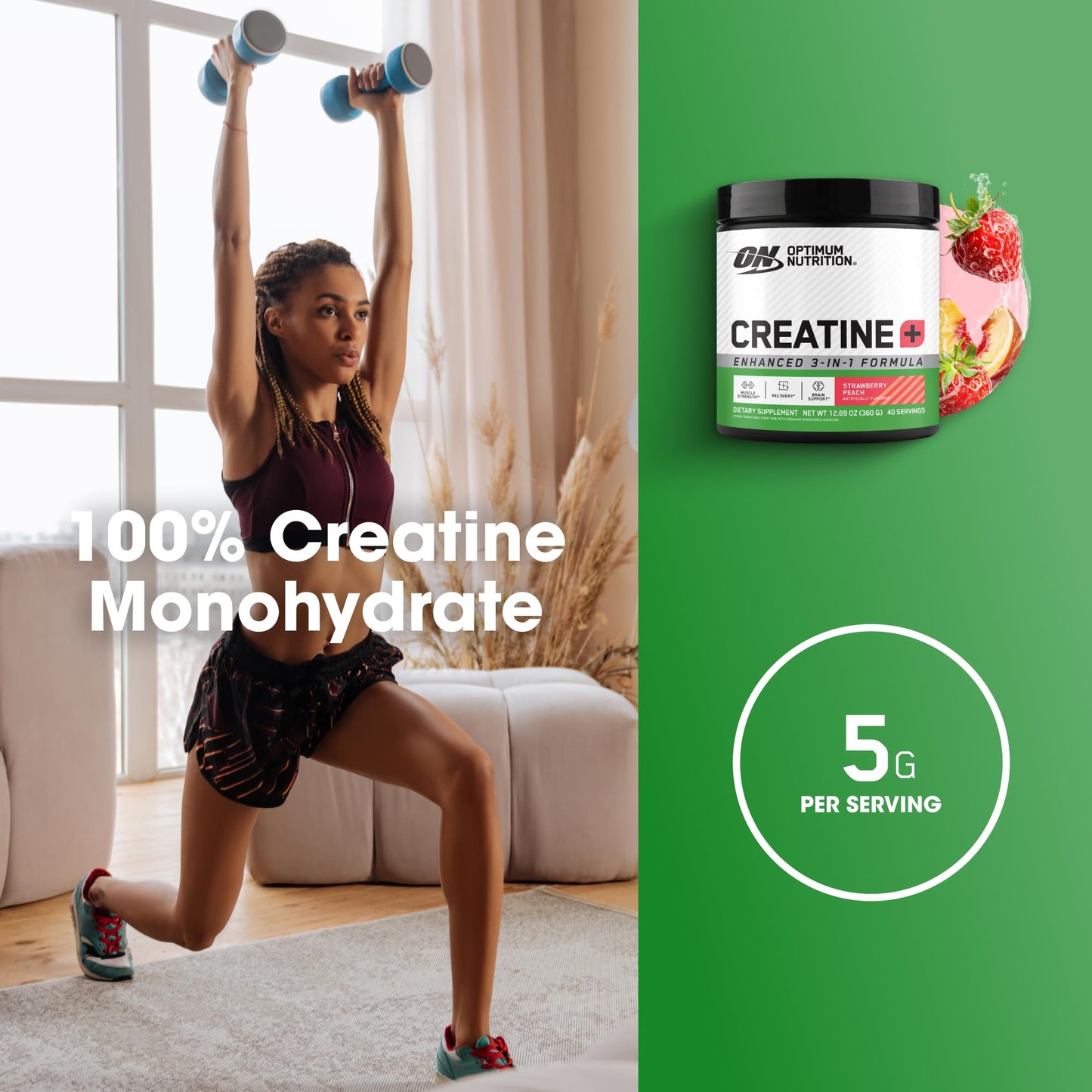 Optimum Nutrition Creatine Monohydrate Plus Powder, Strawberry Peach Flavored Creatine Performance Blend, with Electrolytes for Hydration, Added Vitamins - Maple Wellness Supplements