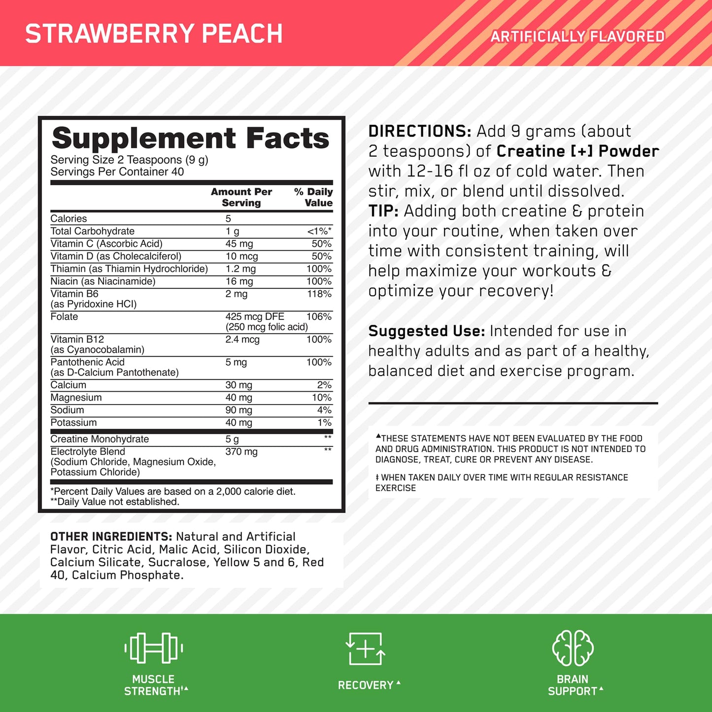 Optimum Nutrition Creatine Monohydrate Plus Powder, Strawberry Peach Flavored Creatine Performance Blend, with Electrolytes for Hydration, Added Vitamins - Maple Wellness Supplements