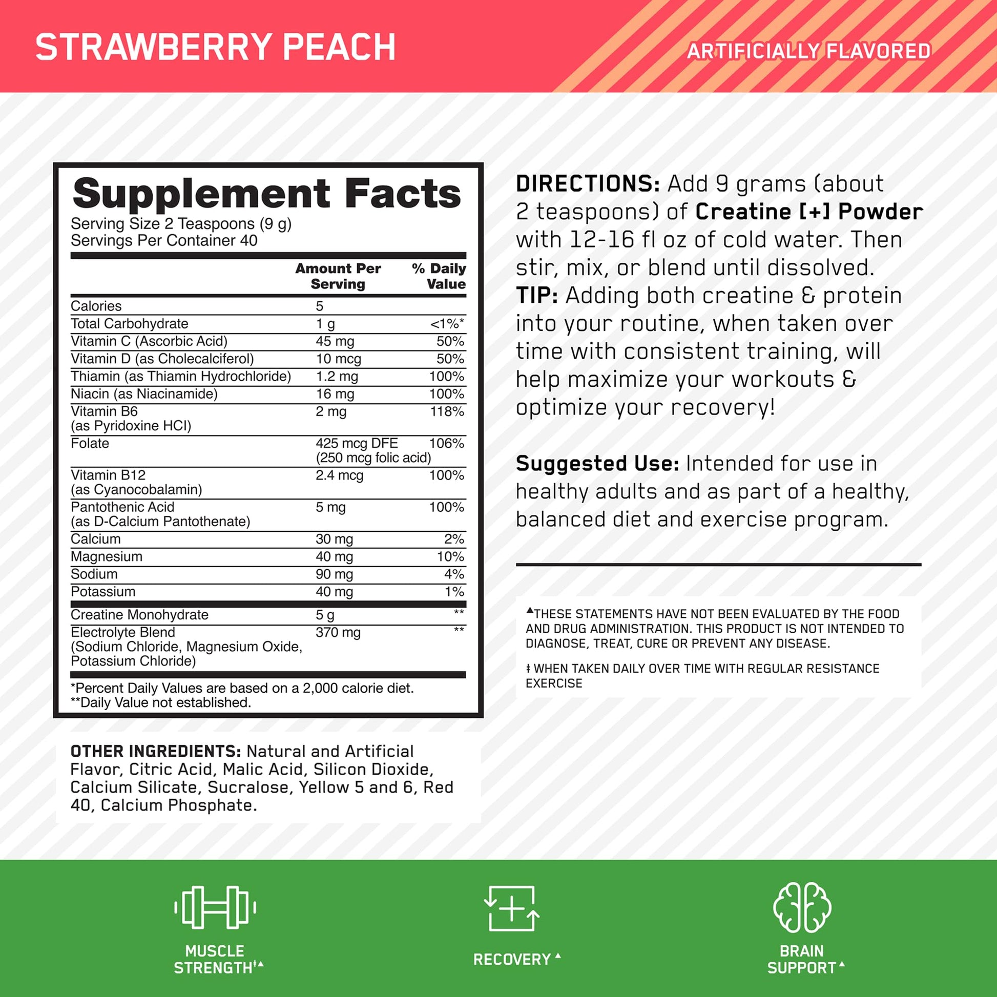 Optimum Nutrition Creatine Monohydrate Plus Powder, Strawberry Peach Flavored Creatine Performance Blend, with Electrolytes for Hydration, Added Vitamins - Maple Wellness Supplements