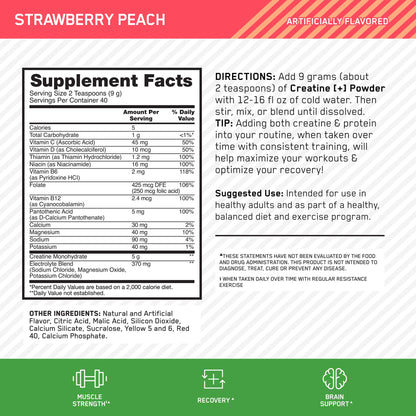 Optimum Nutrition Creatine Monohydrate Plus Powder, Strawberry Peach Flavored Creatine Performance Blend, with Electrolytes for Hydration, Added Vitamins - Maple Wellness Supplements
