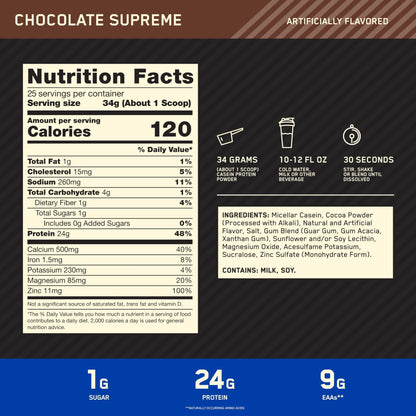 Optimum Nutrition Gold Standard 100% Micellar Casein Protein Powder, Slow Digesting, Helps Keep You Full, Overnight Muscle Recovery, Chocolate Supreme, 2 Pound (Packaging May Vary) - Maple Wellness Supplements