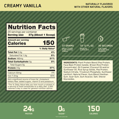 Optimum Nutrition Gold Standard 100% Plant Based Protein Powder, Gluten Free, Vegan Protein for Muscle Support and Recovery with Amino Acids - Creamy Vanilla, 20 Servings (Packaging May Vary) - Maple Wellness Supplements