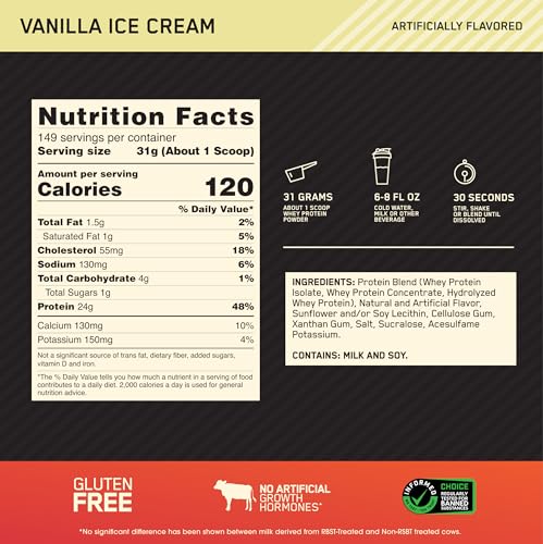 Optimum Nutrition Gold Standard 100% Whey Protein Powder, Vanilla Ice Cream, 10 Pound - Maple Wellness Supplements