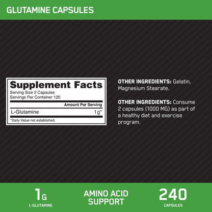 Optimum Nutrition L-Glutamine Muscle Recovery Capsules, 1000mg, 240 Count (Package May Vary) - Maple Wellness Supplements