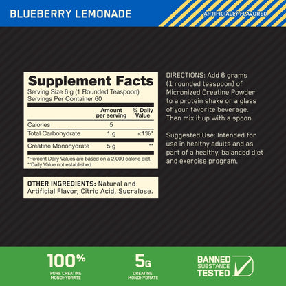 Optimum Nutrition Micronized Creatine Monohydrate Powder, Blueberry Lemonade Creatine, 60 Servings, 360 Grams (Packaging May Vary) - Maple Wellness Supplements