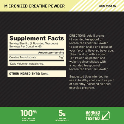 Optimum Nutrition Micronized Creatine Monohydrate Powder, Unflavored, 60 Servings, 300 Grams (Packaging May Vary) - Maple Wellness Supplements