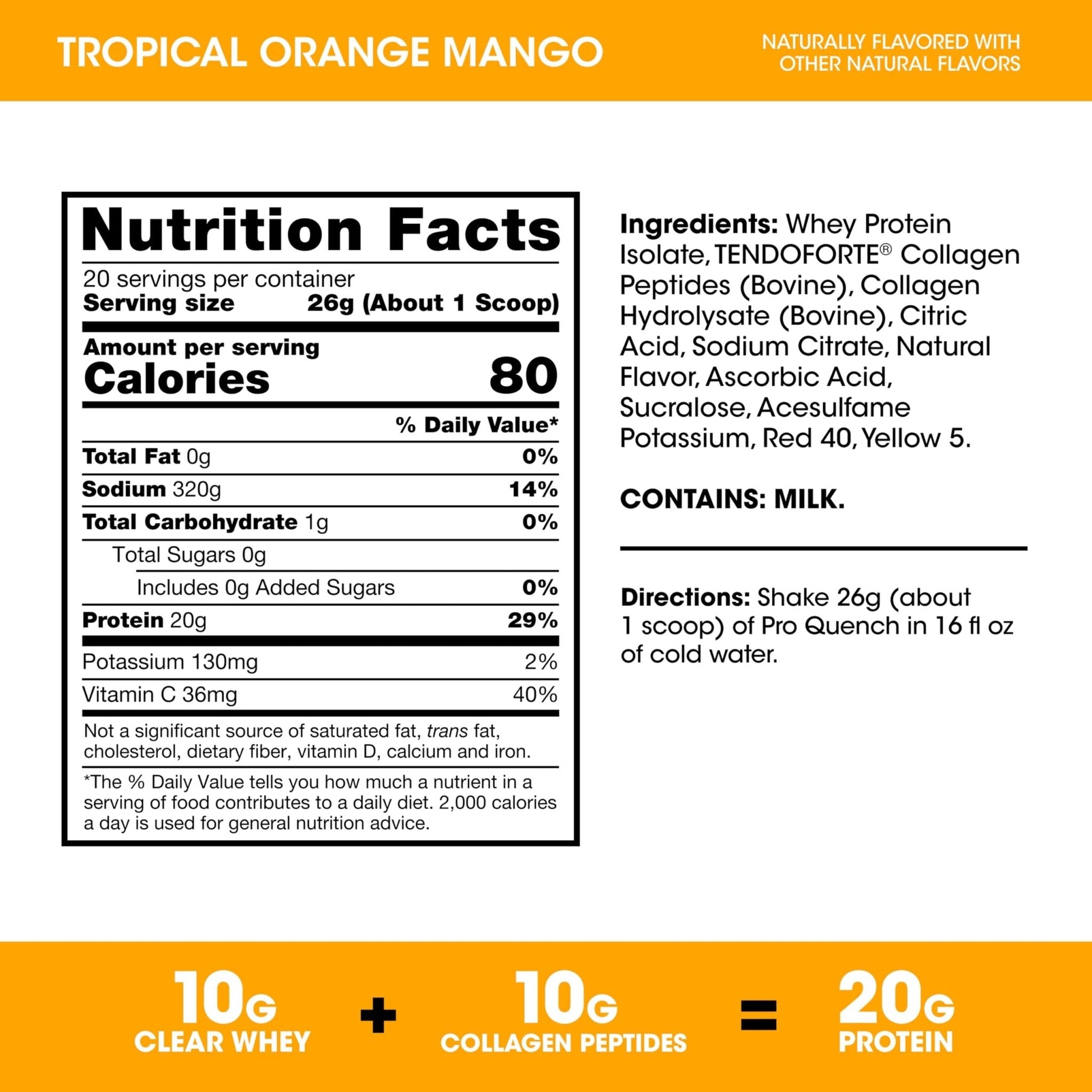 Optimum Nutrition Pro Quench, 10g Clear Protein, 10g Collagen peptides & Electrolyte Powder Drink Mix, Tropical Orange Mango, 20 Servings, - Maple Wellness Supplements