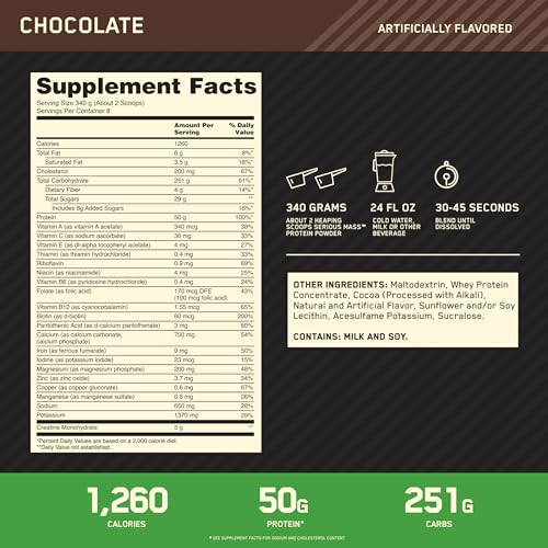 Optimum Nutrition Serious Mass, Weight Gainer Protein Powder, Chocolate, 6 Pound - Maple Wellness Supplements