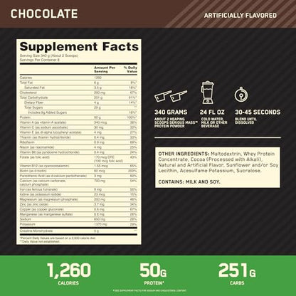 Optimum Nutrition Serious Mass, Weight Gainer Protein Powder, Chocolate, 6 Pound - Maple Wellness Supplements