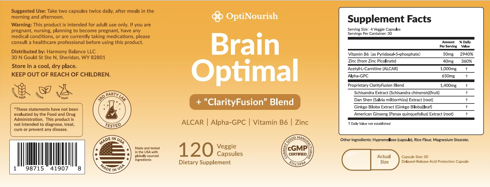 OPTINOURISH Brain Supplement for Memory and Focus, Nootropic for Adults, Fuel Brain Energy & Mental Clarity, Caffeine Free,Cognitive Support, Doctor-Formulated, Made in USA,cGMP,120 Caps - Maple Wellness Supplements