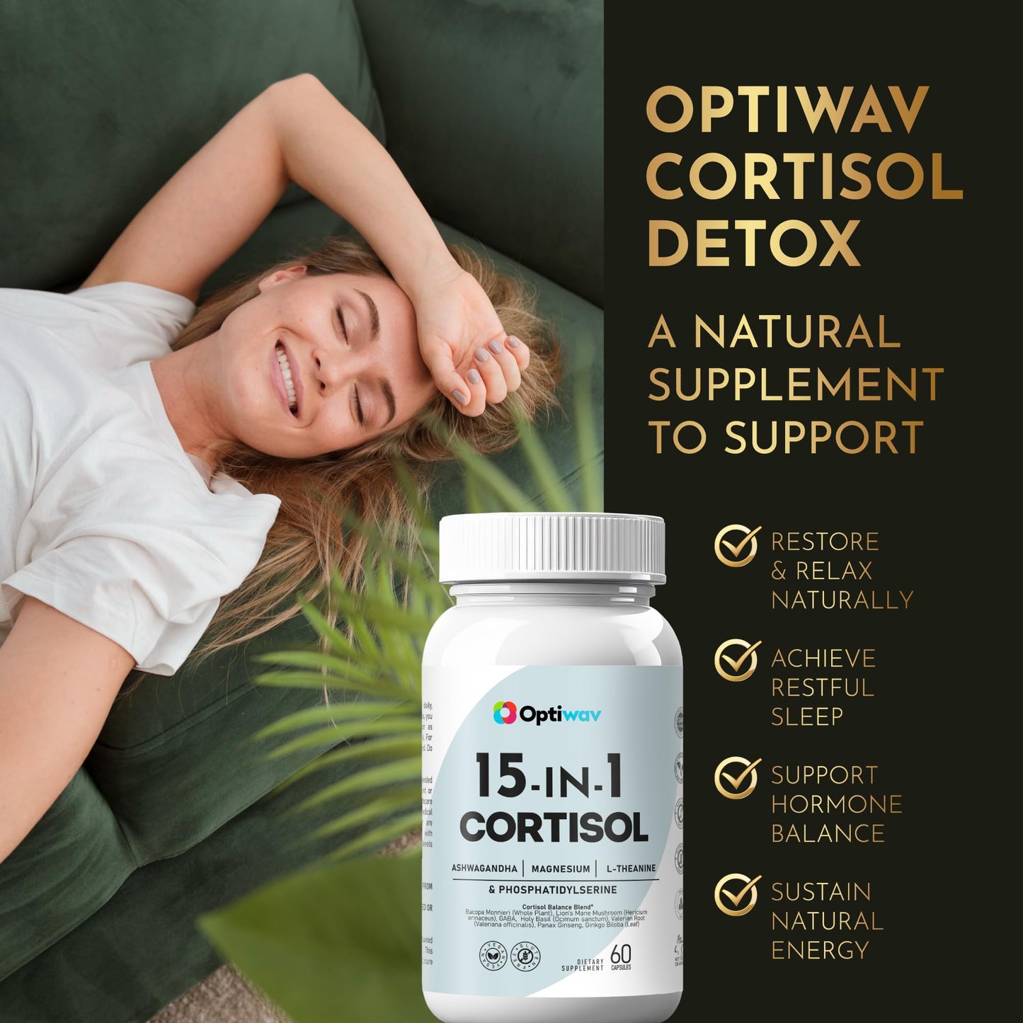 Optiwav Cortisol Detox Supplement for Women Men - Control & Lowering High Cortisol Level - Balance Calm Stress Relief Cleanse Adrenal Health Support - Magnesium Ashwagandha Cortisol Blocker Reducer - Maple Wellness Supplements