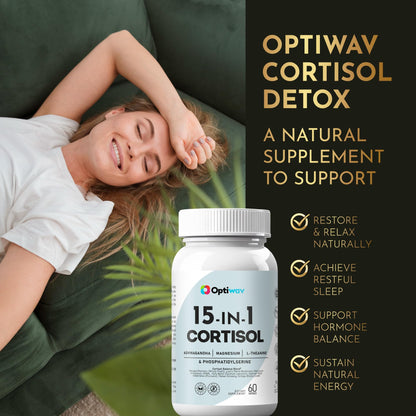 Optiwav Cortisol Detox Supplement for Women Men - Control & Lowering High Cortisol Level - Balance Calm Stress Relief Cleanse Adrenal Health Support - Magnesium Ashwagandha Cortisol Blocker Reducer - Maple Wellness Supplements