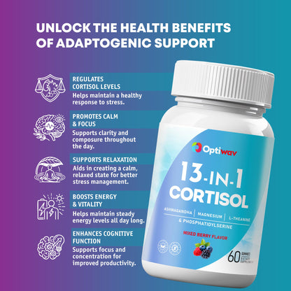 Optiwav Cortisol Reducer Gummies for Women Men - 13-in-1 Daily Cortisol Detox Manager Supports Stress Mood Balance Focus & Health Balance - Reduce High Cortisol with Ashwagandha Magnesium L-Theanine - Maple Wellness Supplements