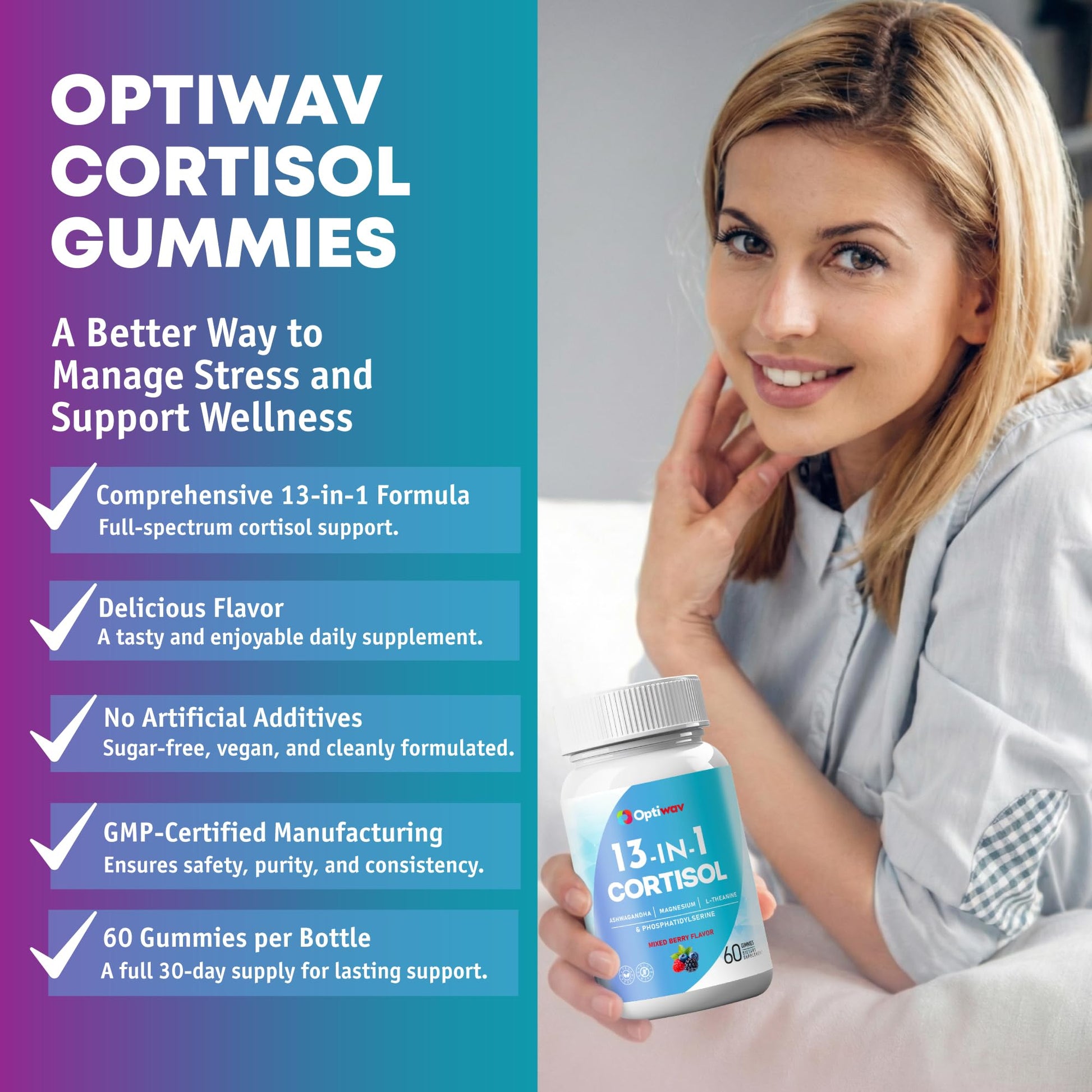 Optiwav Cortisol Reducer Gummies for Women Men - 13-in-1 Daily Cortisol Detox Manager Supports Stress Mood Balance Focus & Health Balance - Reduce High Cortisol with Ashwagandha Magnesium L-Theanine - Maple Wellness Supplements