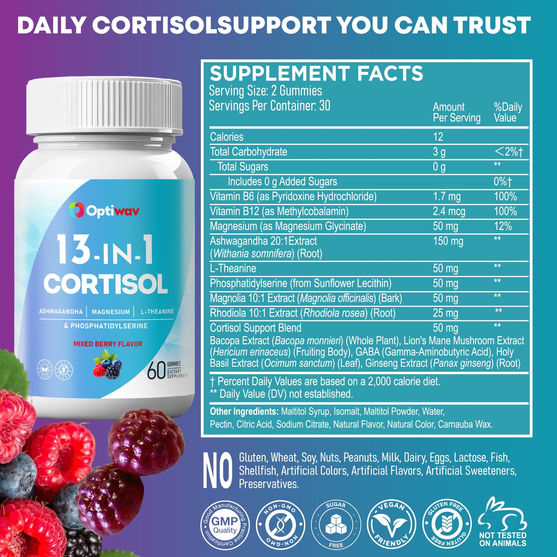Optiwav Cortisol Reducer Gummies for Women Men - 13-in-1 Daily Cortisol Detox Manager Supports Stress Mood Balance Focus & Health Balance - Reduce High Cortisol with Ashwagandha Magnesium L-Theanine - Maple Wellness Supplements