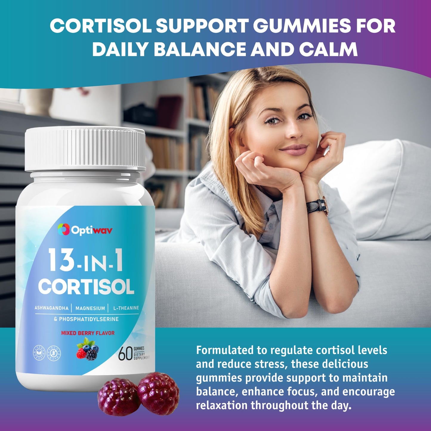 Optiwav Cortisol Reducer Gummies for Women Men - 13-in-1 Daily Cortisol Detox Manager Supports Stress Mood Balance Focus & Health Balance - Reduce High Cortisol with Ashwagandha Magnesium L-Theanine - Maple Wellness Supplements