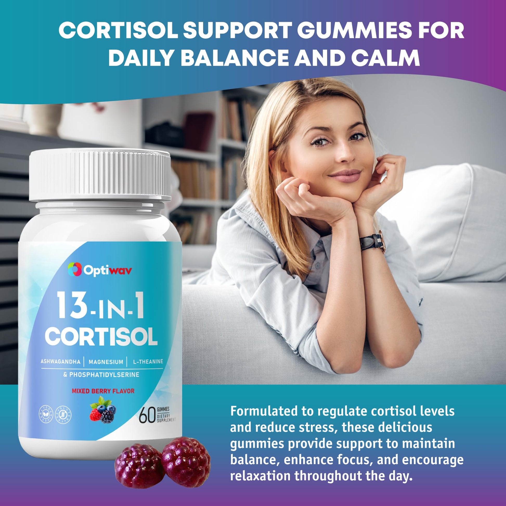 Optiwav Cortisol Reducer Gummies for Women Men - 13-in-1 Daily Cortisol Detox Manager Supports Stress Mood Balance Focus & Health Balance - Reduce High Cortisol with Ashwagandha Magnesium L-Theanine - Maple Wellness Supplements