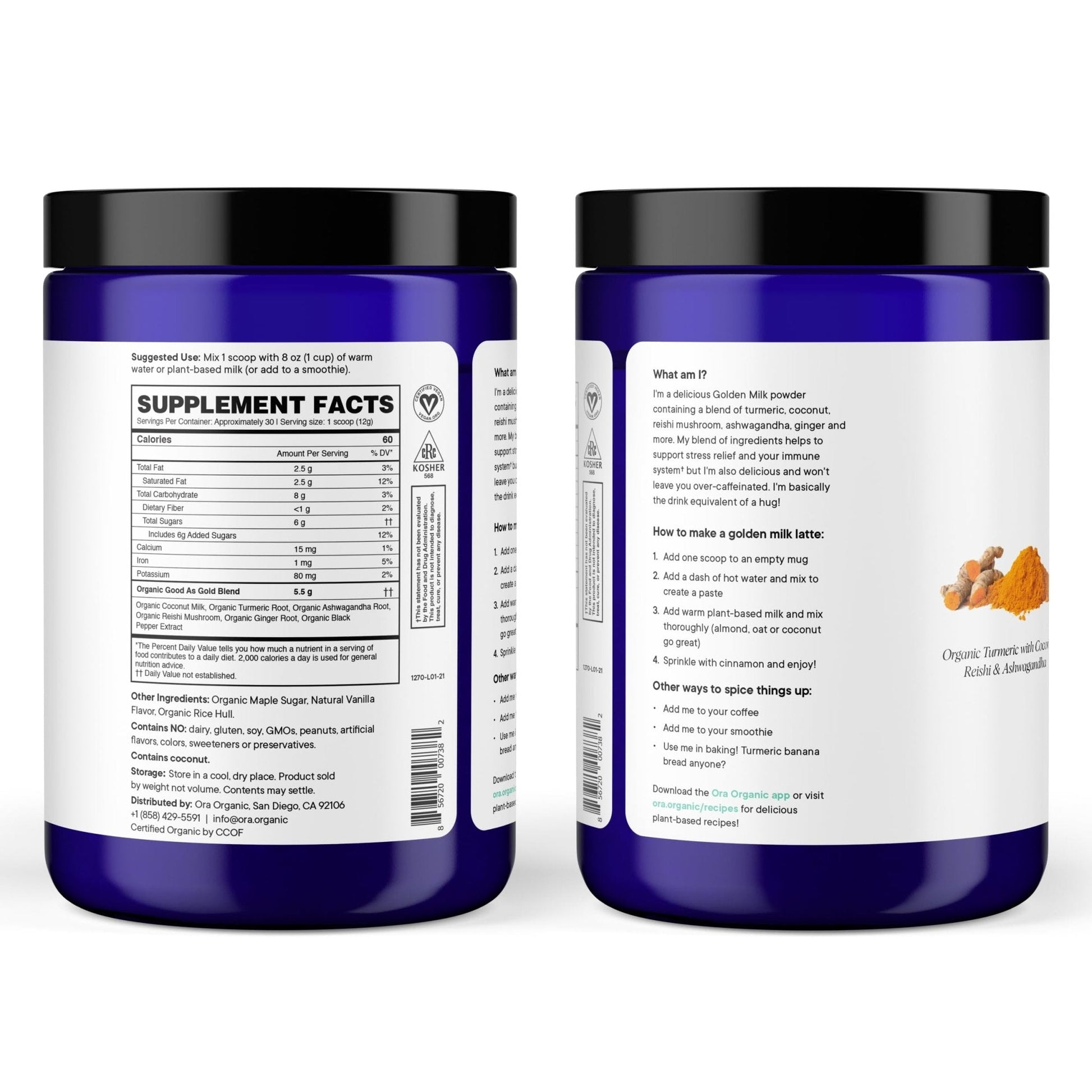 Ora Organic Golden Milk Powder - Ayurvedic Turmeric Powder with Organic Adaptogens - Ashwagandha, Reishi and Ginger | Organic, Gluten-Free, Soy-Free, Vegan, Non-GMO - Maple & Vanilla, 30 Servings - Maple Wellness Supplements