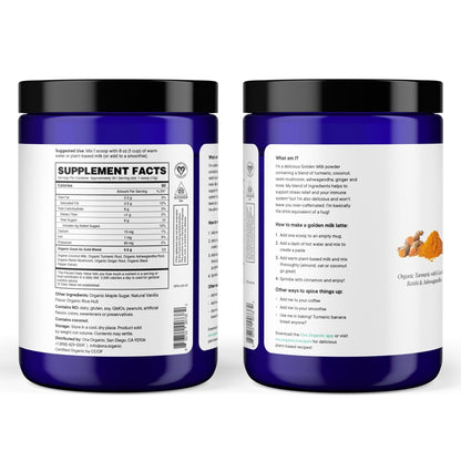 Ora Organic Golden Milk Powder - Ayurvedic Turmeric Powder with Organic Adaptogens - Ashwagandha, Reishi and Ginger | Organic, Gluten-Free, Soy-Free, Vegan, Non-GMO - Maple & Vanilla, 30 Servings - Maple Wellness Supplements