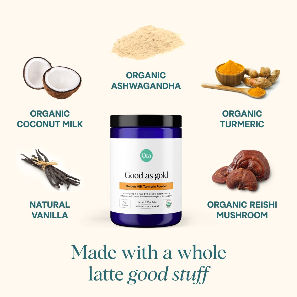 Ora Organic Golden Milk Powder - Ayurvedic Turmeric Powder with Organic Adaptogens - Ashwagandha, Reishi and Ginger | Organic, Gluten-Free, Soy-Free, Vegan, Non-GMO - Maple & Vanilla, 30 Servings - Maple Wellness Supplements