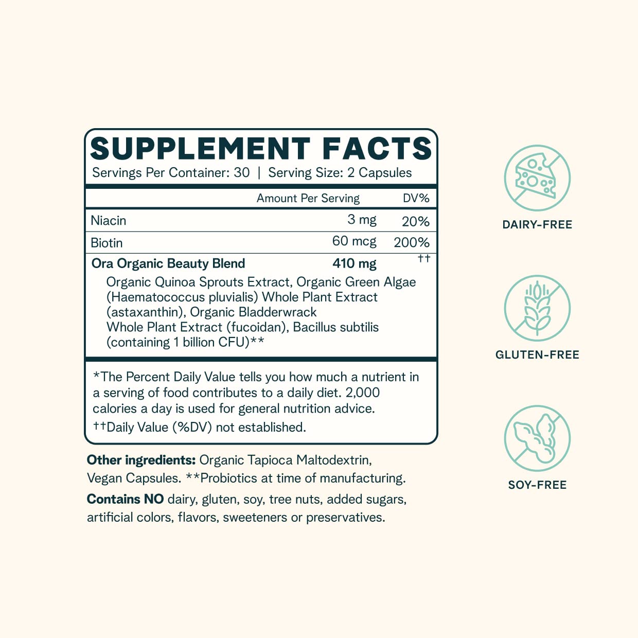 Ora Organic Hair, Skin, and Nails Support- BeYouTiful - Beauty Supplement with B Vitamins and Algae Extracts for Healthy Hair and Skin - 60 Vegan Capsules - Maple Wellness Supplements