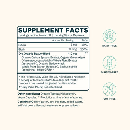 Ora Organic Hair, Skin, and Nails Support- BeYouTiful - Beauty Supplement with B Vitamins and Algae Extracts for Healthy Hair and Skin - 60 Vegan Capsules - Maple Wellness Supplements