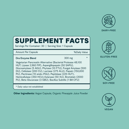Ora Organic Multi-Enzyme Supplement - Vegan, Gluten Free Enzymes for Digestion with Probiotics for Gut Health, Bloating, Constipation and Gas Relief - 30 Easy to Swallow Capsules - Maple Wellness Supplements