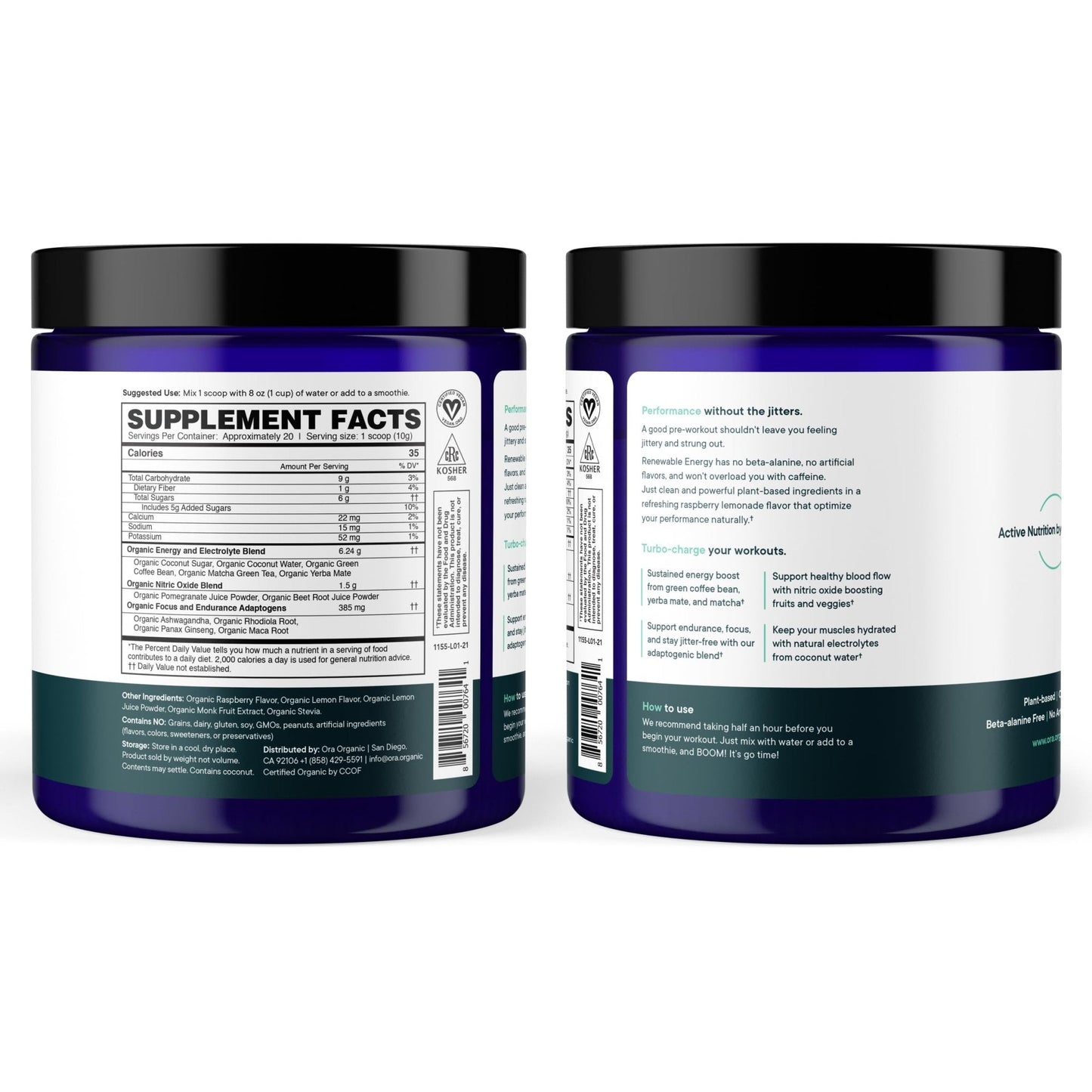 Ora Organic Natural Pre Workout Powder - Raspberry Lemonade Flavor- Provides Jitter Free Energy, Focus, Hydration, & Endurance - Vegan, Certified Organic, Soy, Dairy, & Gluten Free, 20 Servings - Maple Wellness Supplements